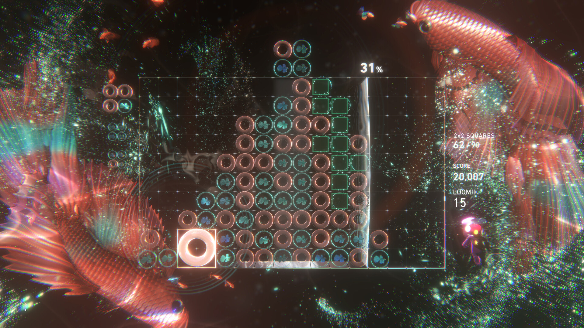 Campo di gioco fra luci e particelle rosse — Lumines Arise.