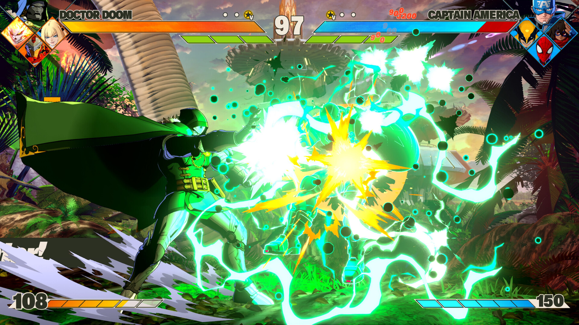 Scontro con effetti verdi e indicatori delle squadre — MARVEL Tōkon: Fighting Souls.