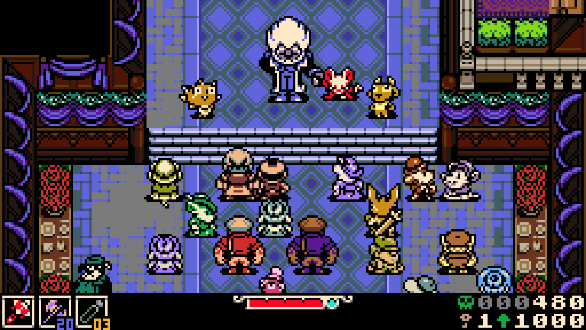 La protagonista incontra personaggi in una sala decorata — Mina the Hollower.