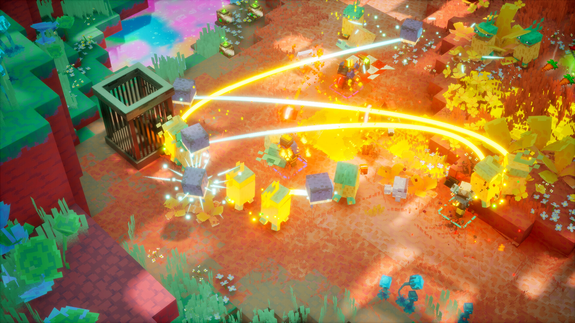 Attacchi luminosi durante uno scontro fra nemici — Minecraft Dungeons II. Immagine promozionale generale del gioco, non della build dell’annuncio.