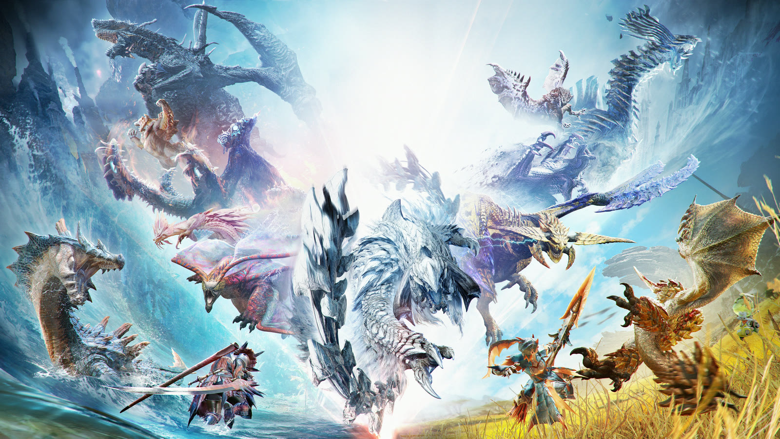 Arte ufficiale di Monster Hunter Wilds con cacciatori e mostri