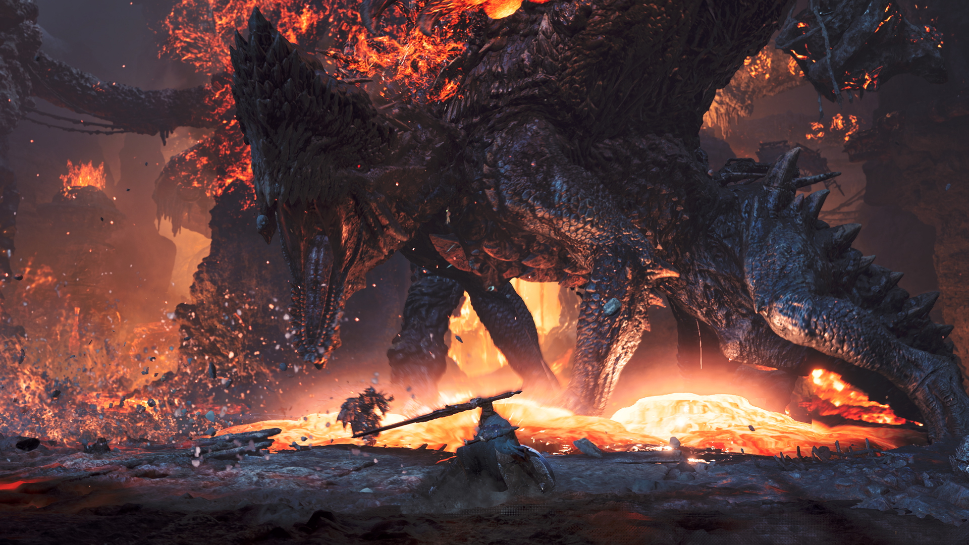 Il drago anziano Gogmazios sul campo di battaglia — Monster Hunter Wilds.