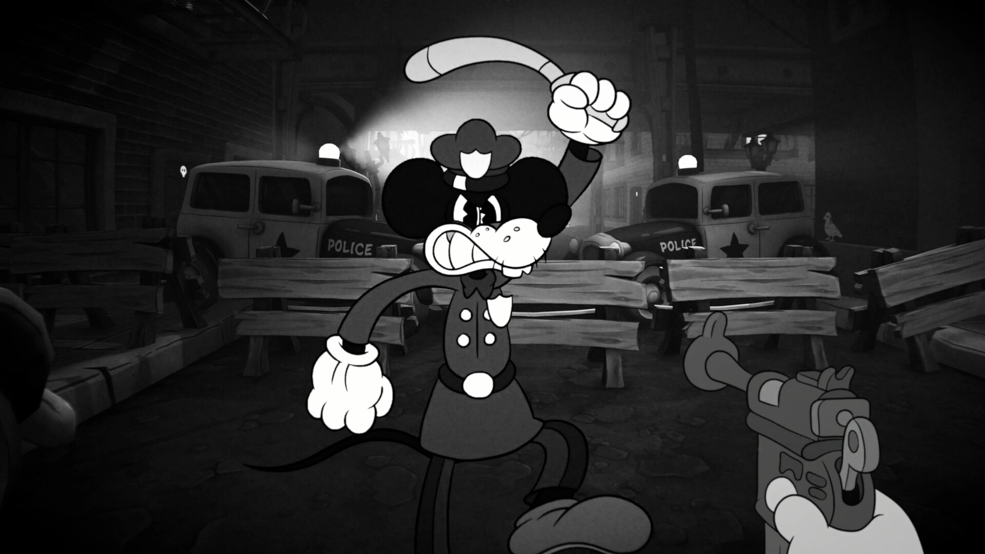 Il detective affronta un nemico in una scena in bianco e nero — MOUSE: P.I. For Hire.