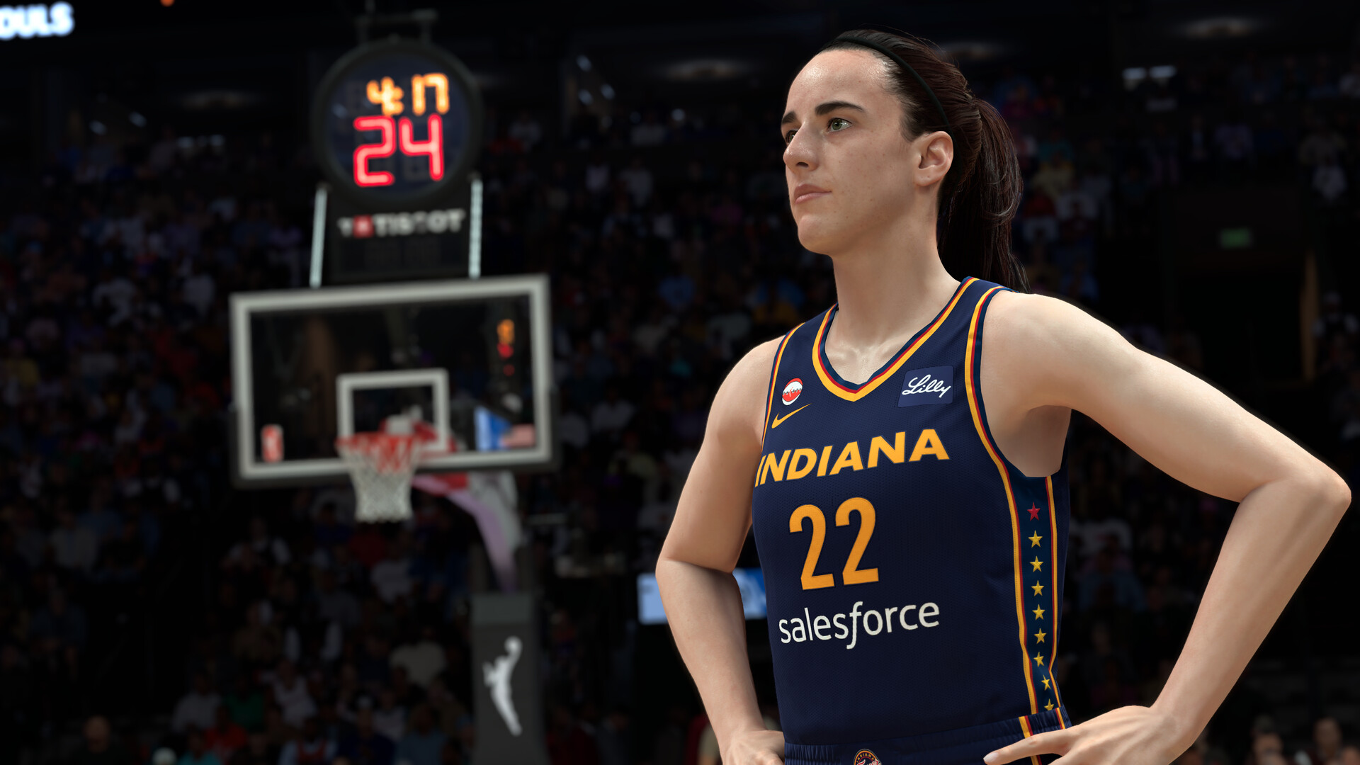 Caitlin Clark in campo con la divisa delle Indiana Fever — NBA 2K27.