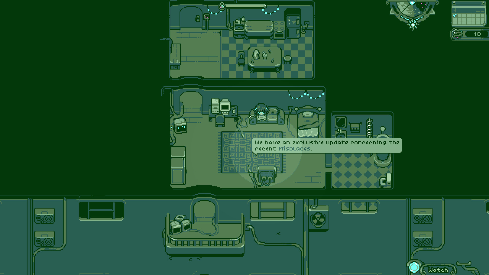 Dialogo in un ambiente verde in pixel art — Neverway. Immagine promozionale del progetto completo, non conferma dei contenuti del prologo.