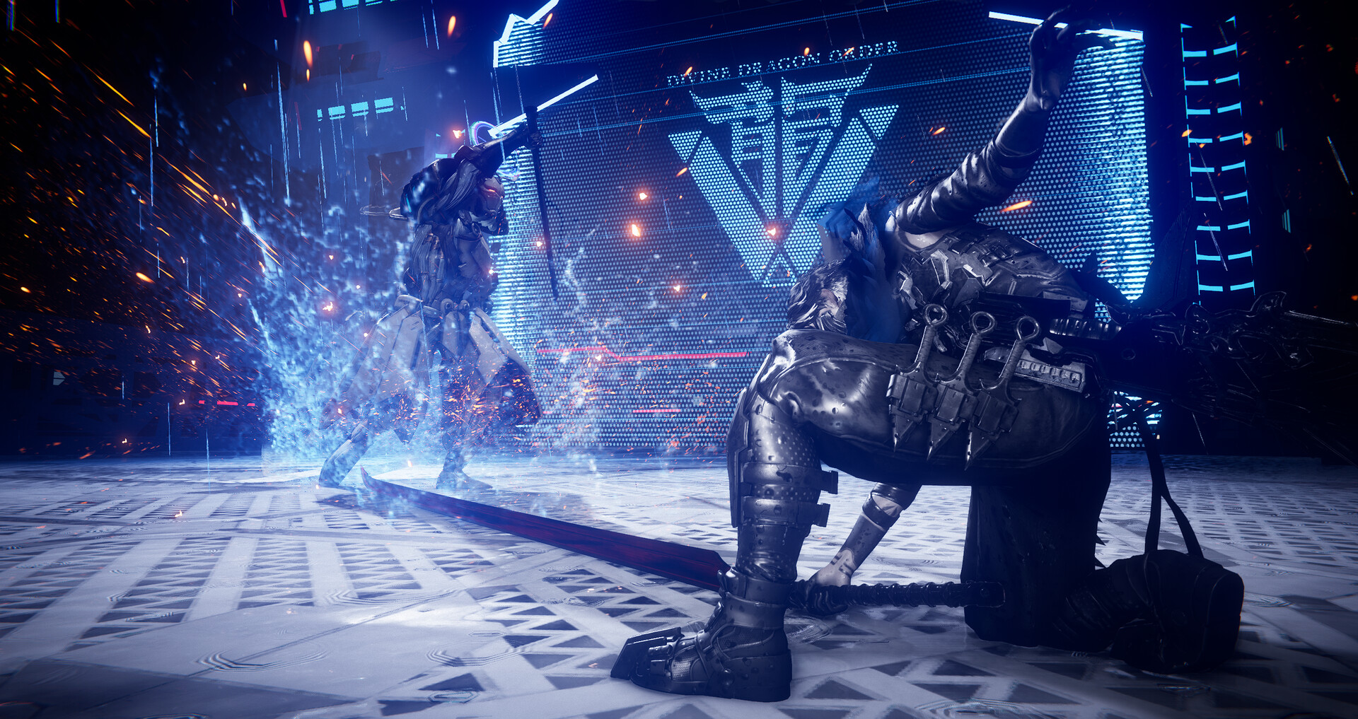 Scontro in una piazza illuminata del gioco base — Ninja Gaiden 4.