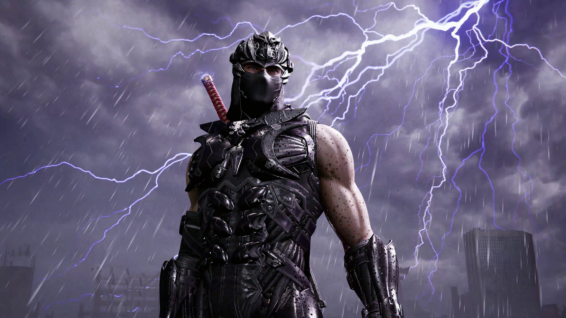 Ryu Hayabusa sotto un cielo attraversato dai fulmini — Ninja Gaiden 4.