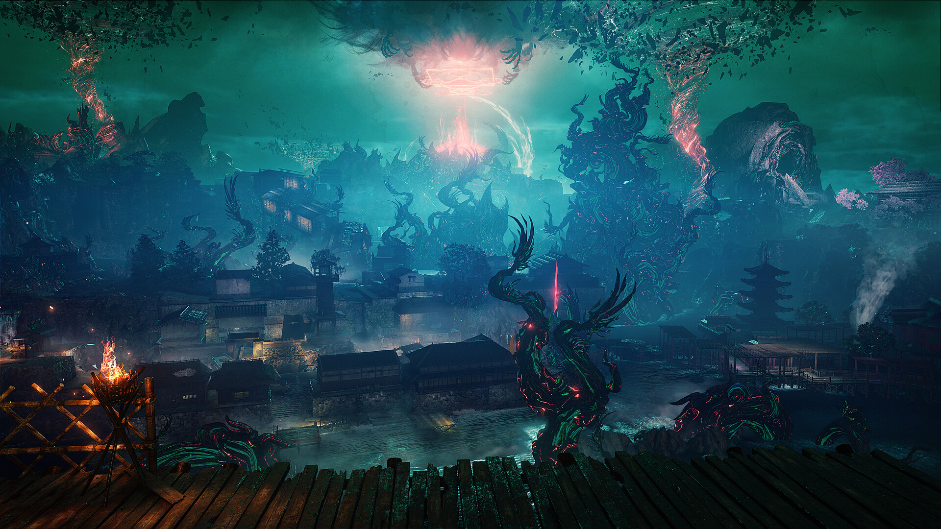 Paesaggio notturno di Hell Rising con bagliore nel cielo — Nioh 3.