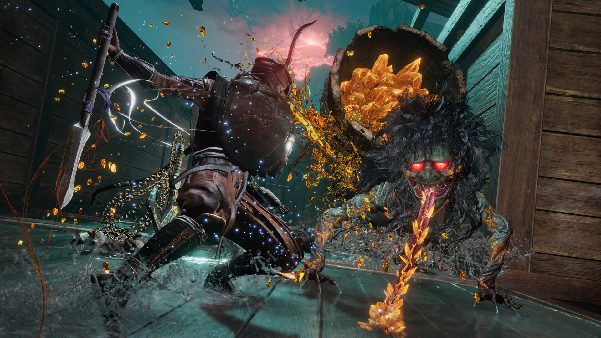 Combattimento contro una creatura in un edificio — Nioh 3.