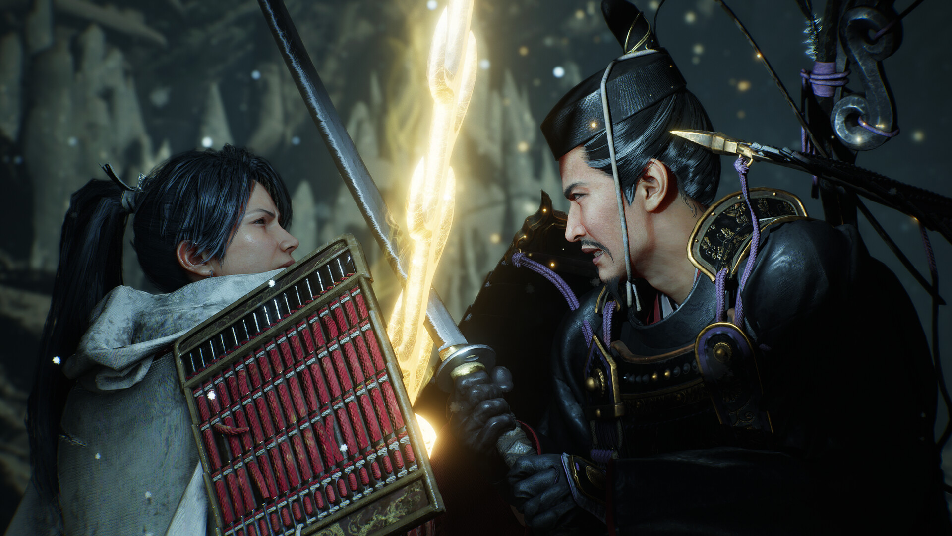 Due combattenti incrociano le lame in una scena ravvicinata — Nioh 3. Materiale ufficiale di presentazione; la versione finale può differire.