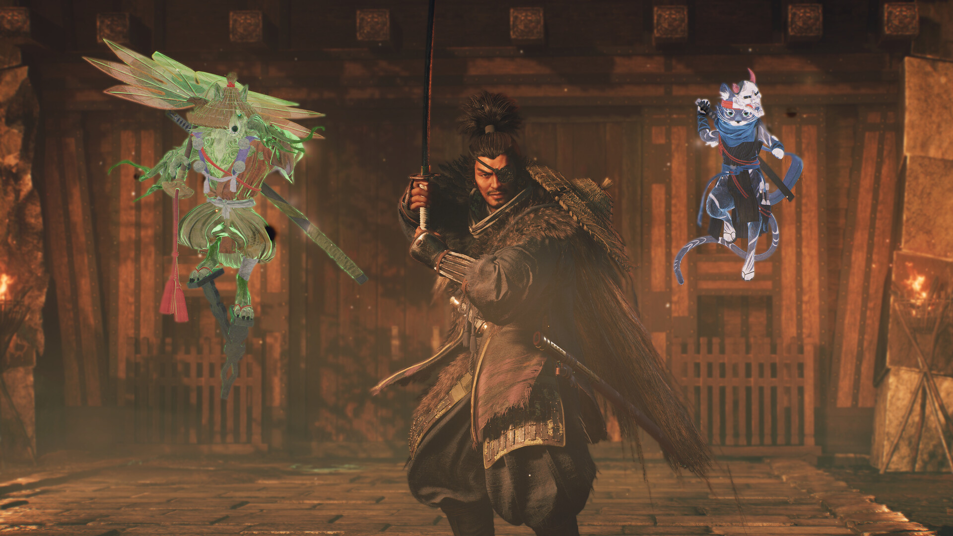 Personaggio armato davanti a presenze soprannaturali — Nioh 3.
