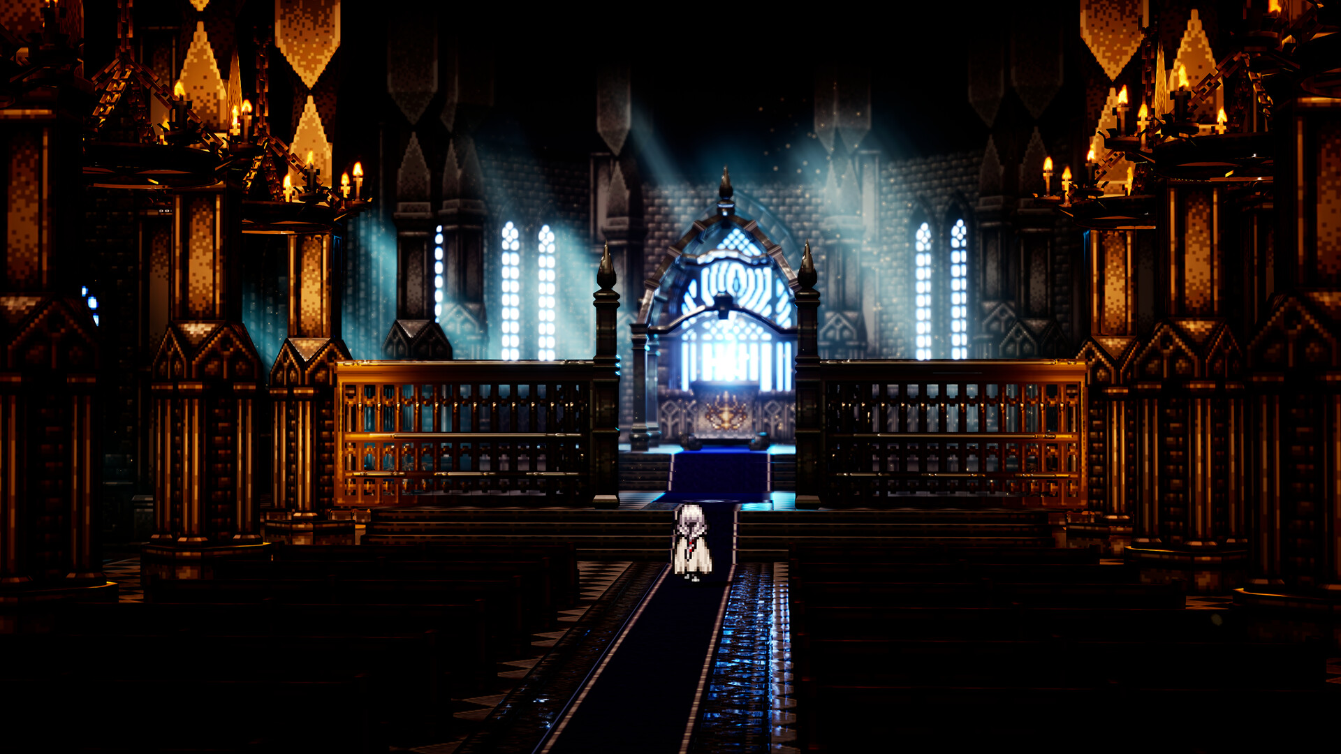 Esplorazione di una sala illuminata con colonne e vetrate — Octopath Traveler 0.