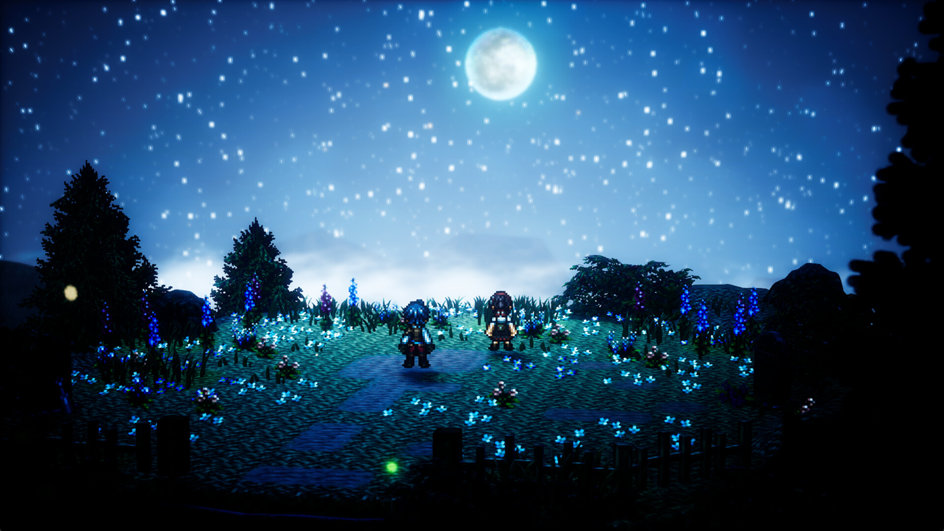 Una radura sotto un cielo notturno ricco di stelle — Octopath Traveler 0.