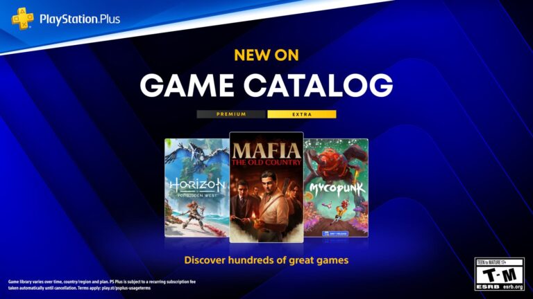 Grafica ufficiale PlayStation Plus Game Catalog ottobre con Mafia, Horizon e Mycopunk