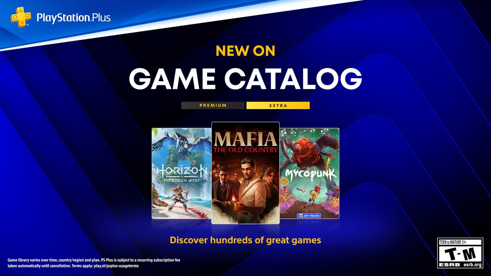 Grafica ufficiale PlayStation Plus Game Catalog ottobre con Mafia, Horizon e Mycopunk