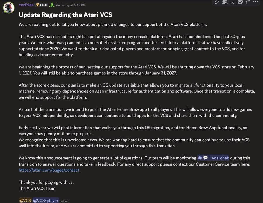 L’annuncio del team Atari VCS pubblicato su Atari Club e ripreso da Time Extension.