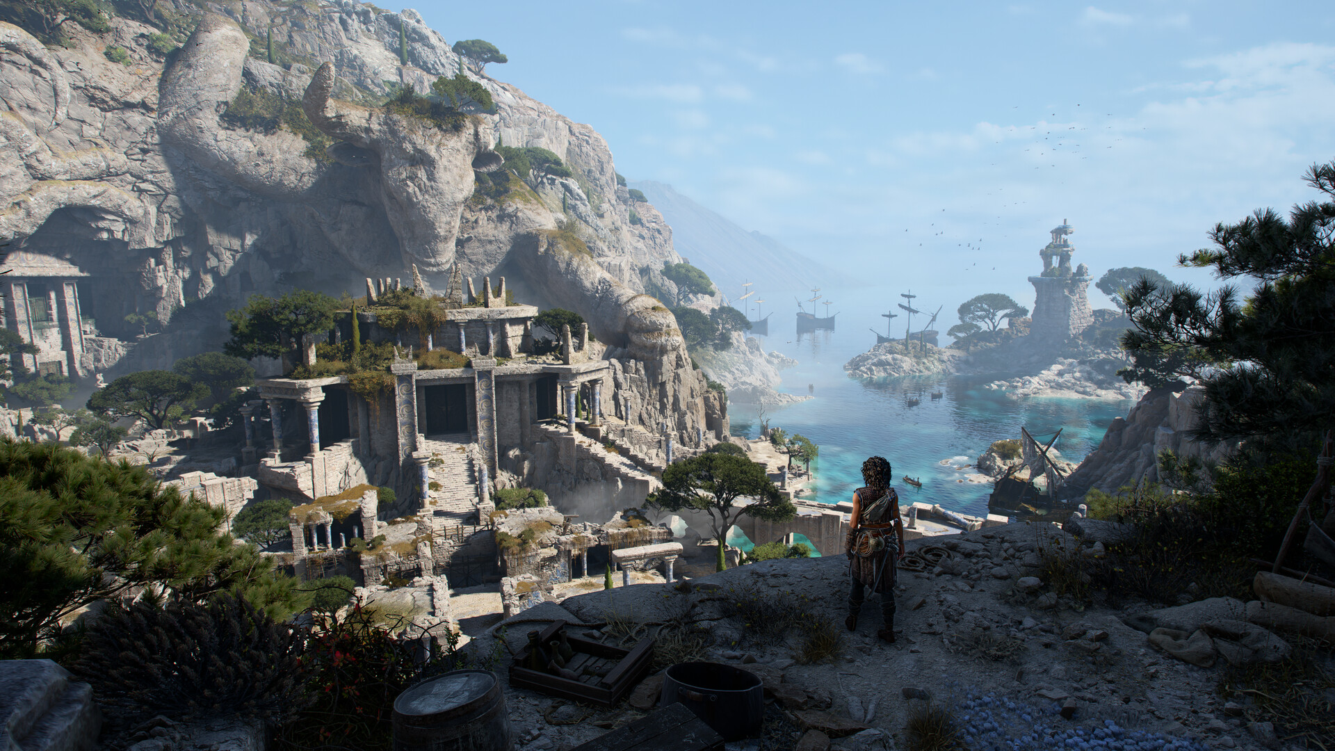 Panorama dell’isola con rovine e rilievi sul mare — Resonance: A Plague Tale Legacy.