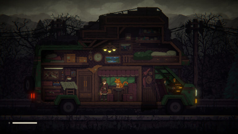 La protagonista nel suo camper con un gatto in The Road of Dust and Sorrow