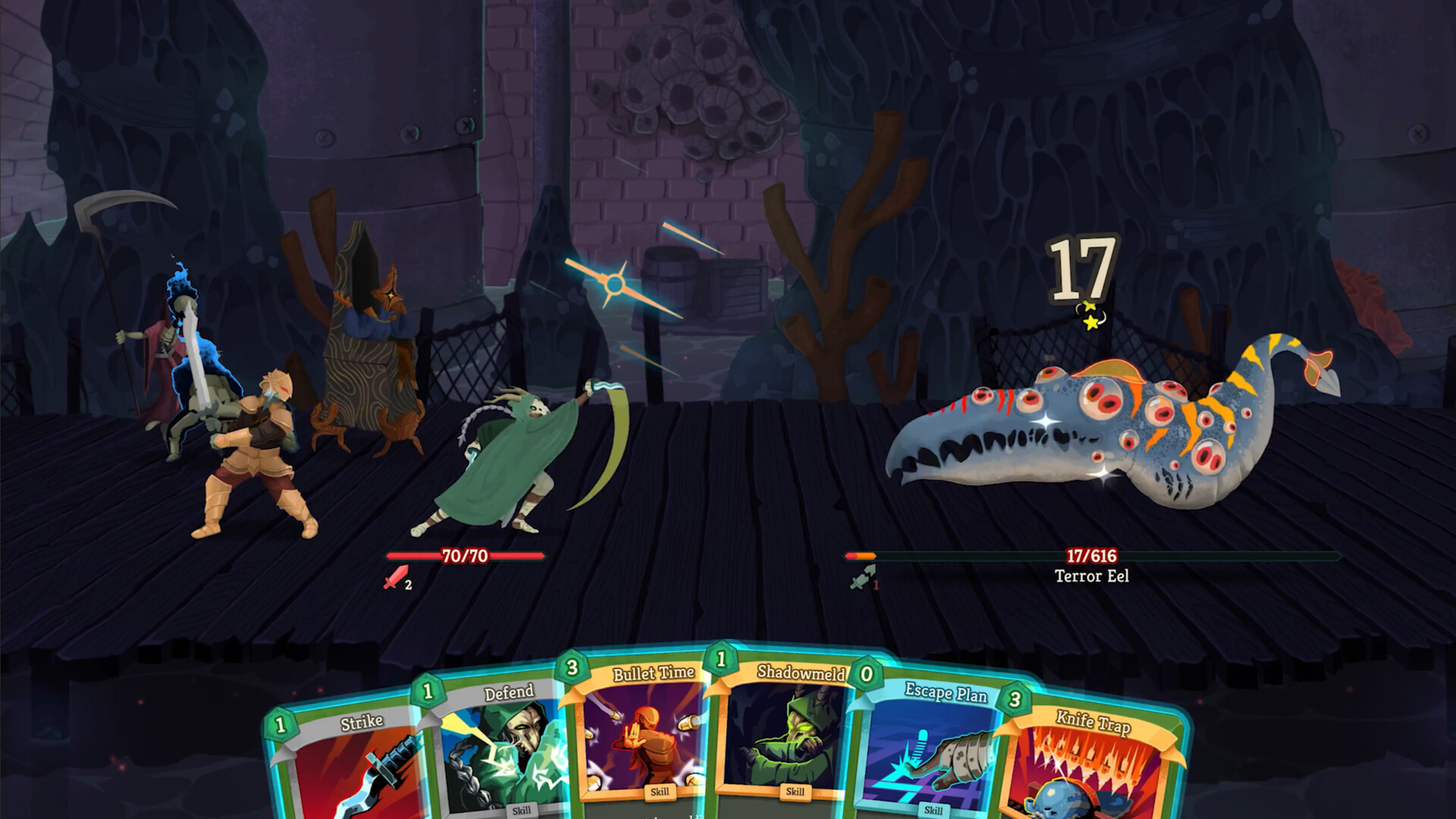 Scontro a turni con carte e nemici in un ambiente scuro — Slay the Spire 2.