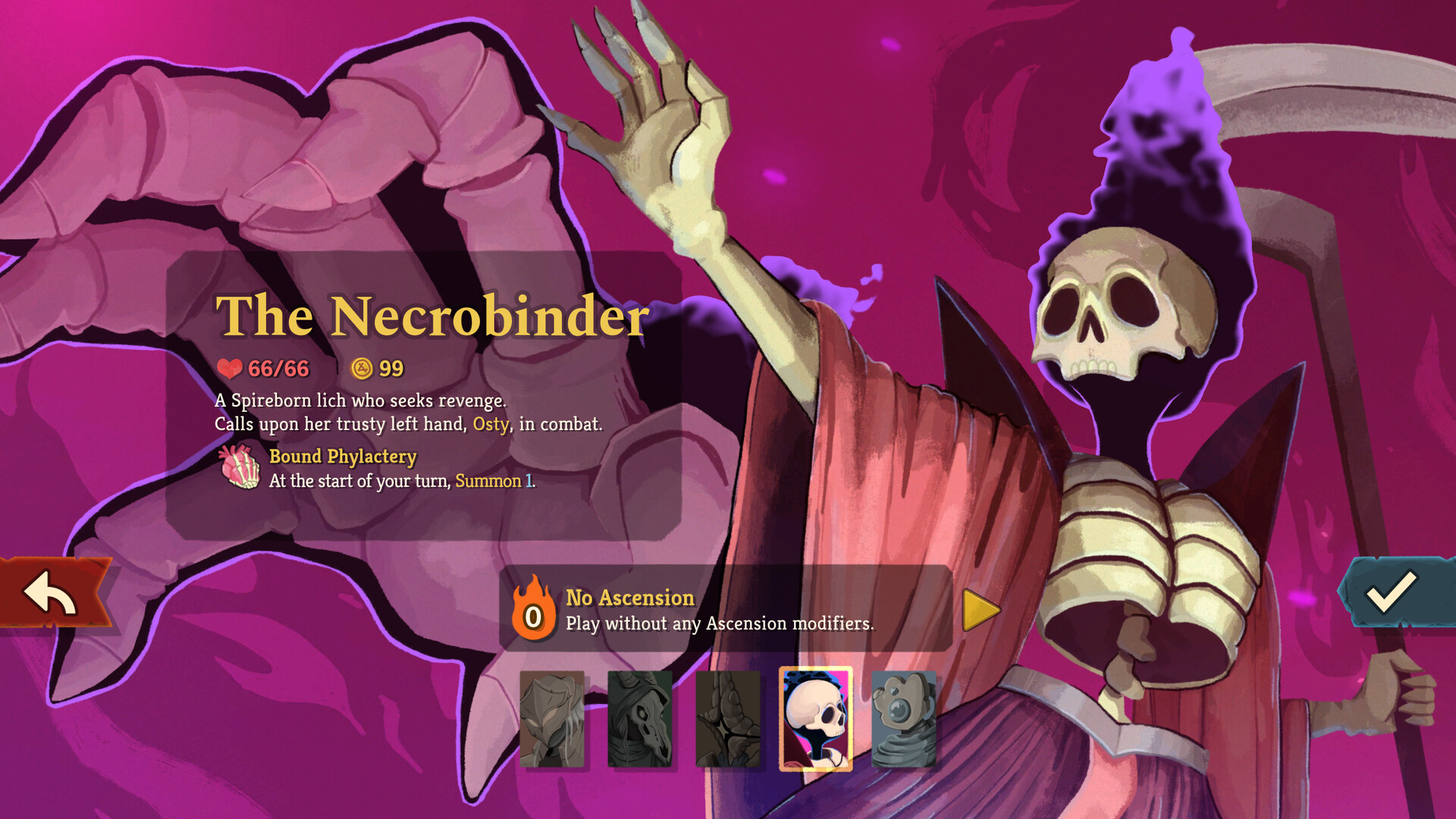 Schermata di selezione del personaggio con una figura scheletrica — Slay the Spire 2.