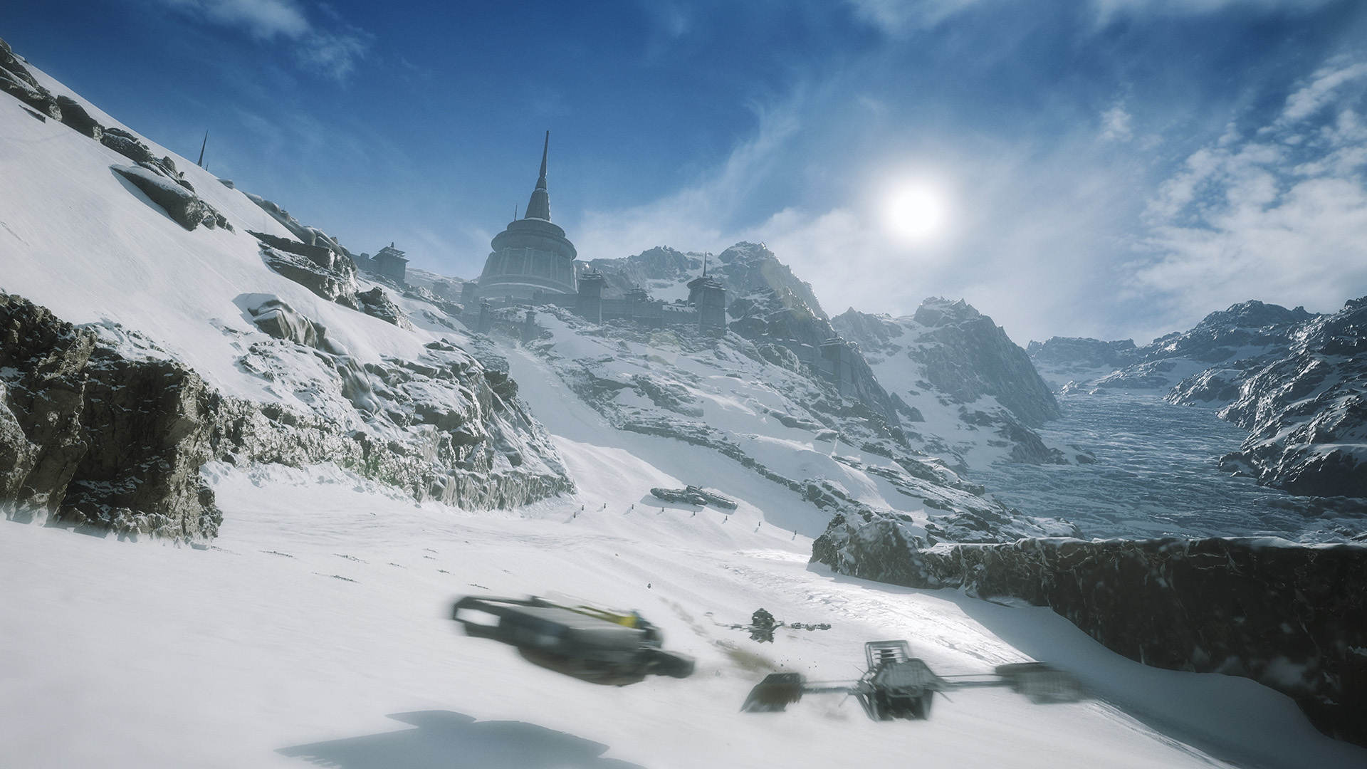 Mezzi a repulsione su un circuito innevato — Star Wars: Galactic Racer.