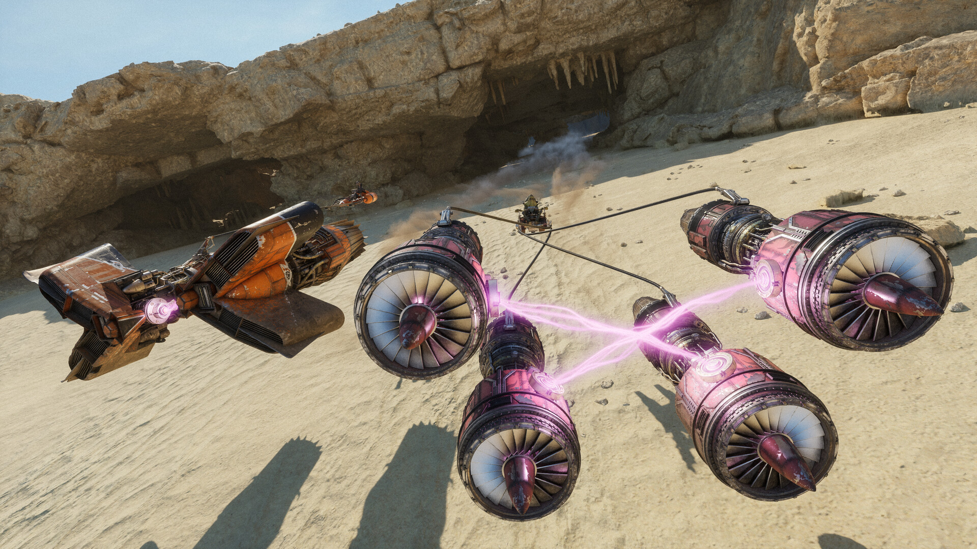 Podracer con motori collegati da archi luminosi — Star Wars: Galactic Racer.