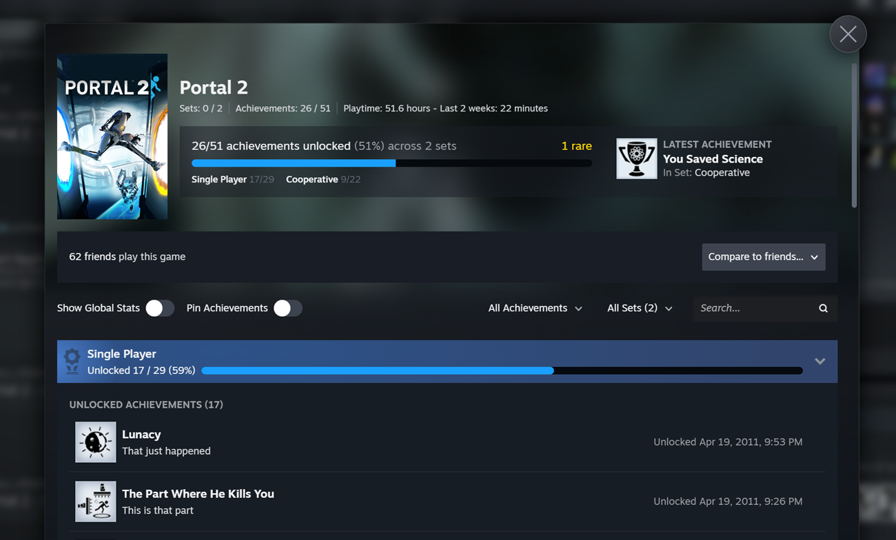 Nuova pagina degli achievement di Portal 2 suddivisi in set su Steam