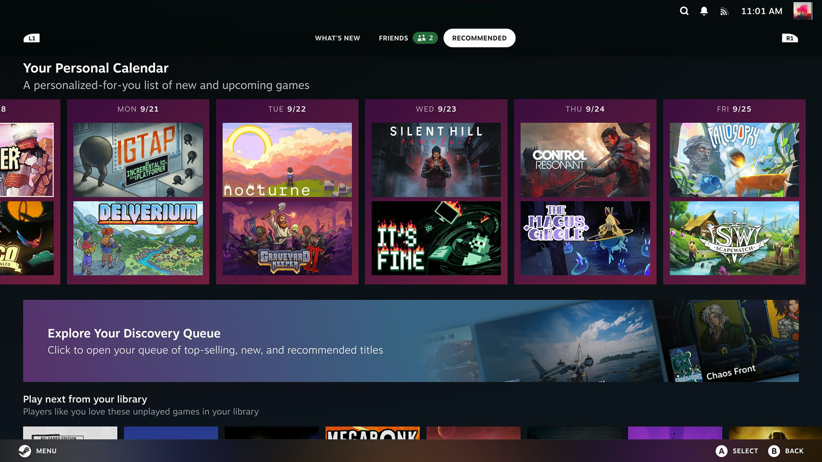 Calendario personale dei giochi nella scheda Consigliati di Steam Big Picture