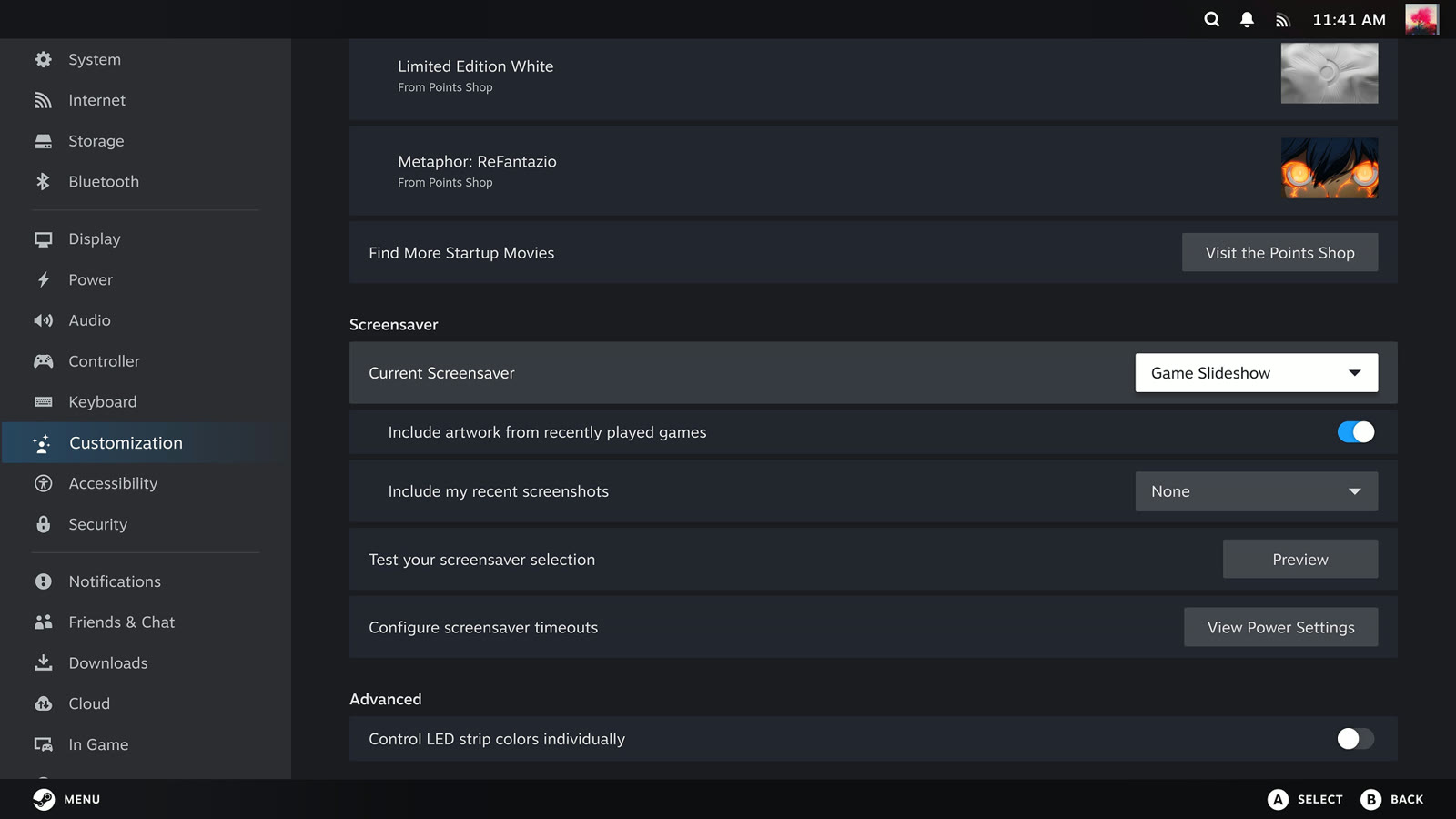 Impostazioni ufficiali dello screensaver nella modalità Big Picture di Steam