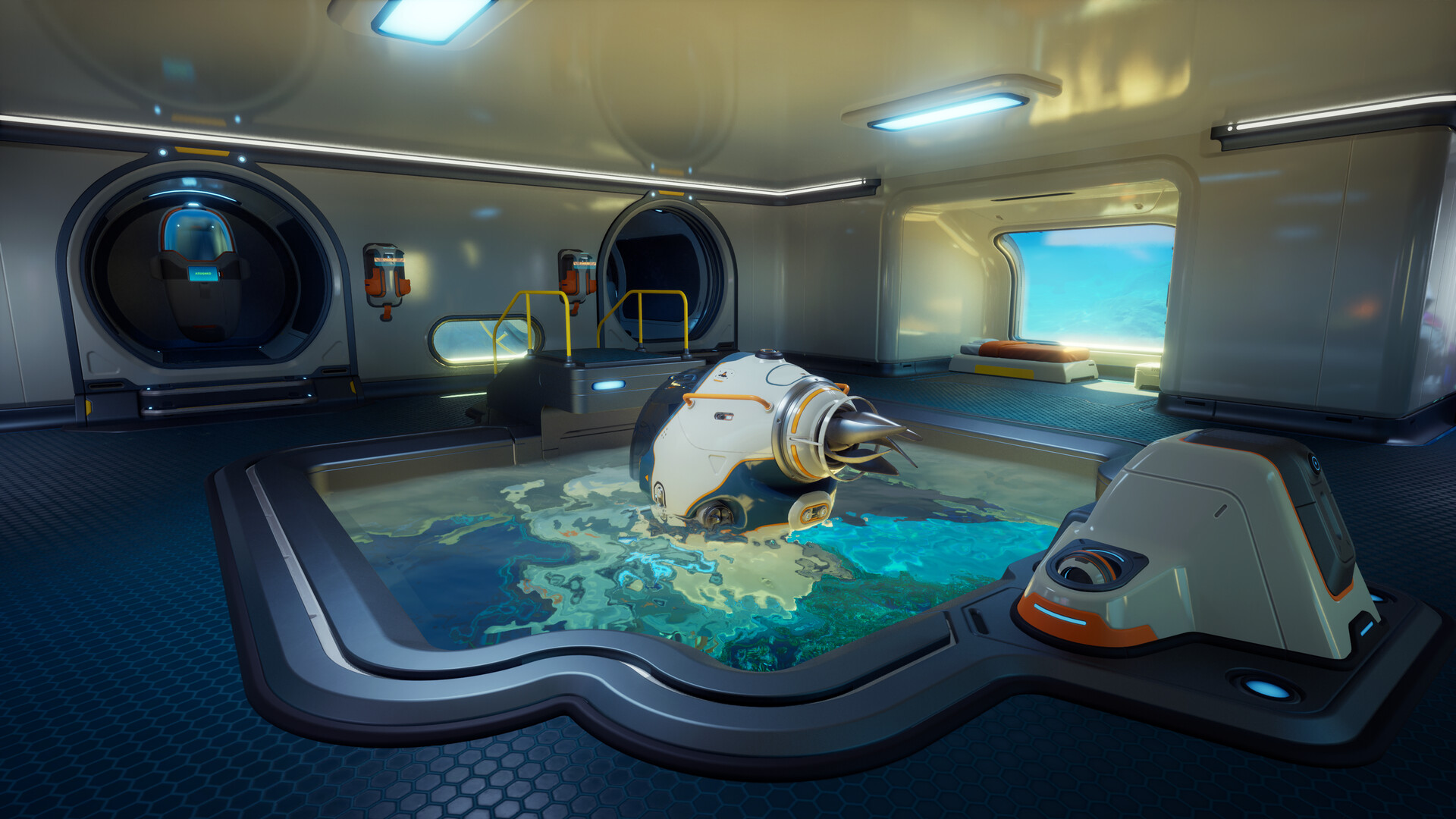 Interno di una base nel gioco in sviluppo — Subnautica 2.