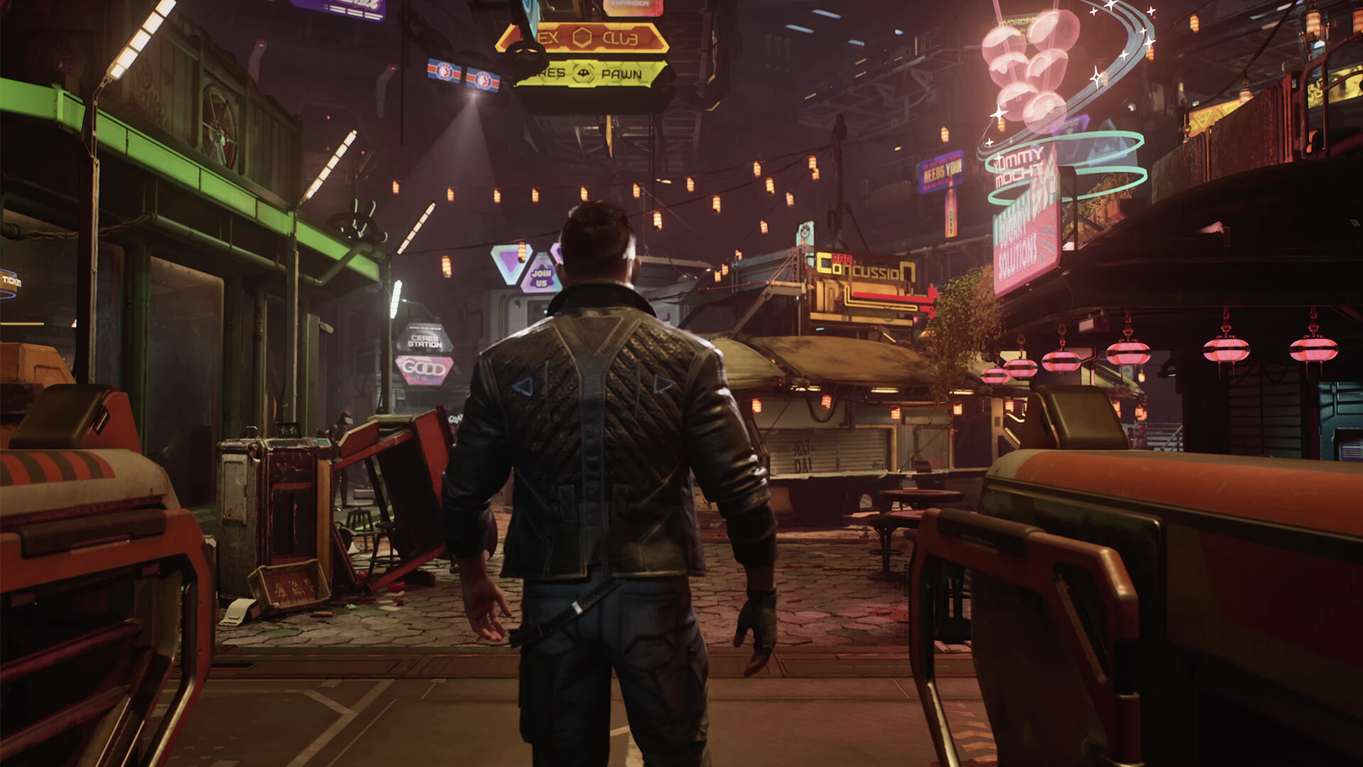 Esplorazione di un ambiente urbano illuminato da insegne — The Expanse: Osiris Reborn.