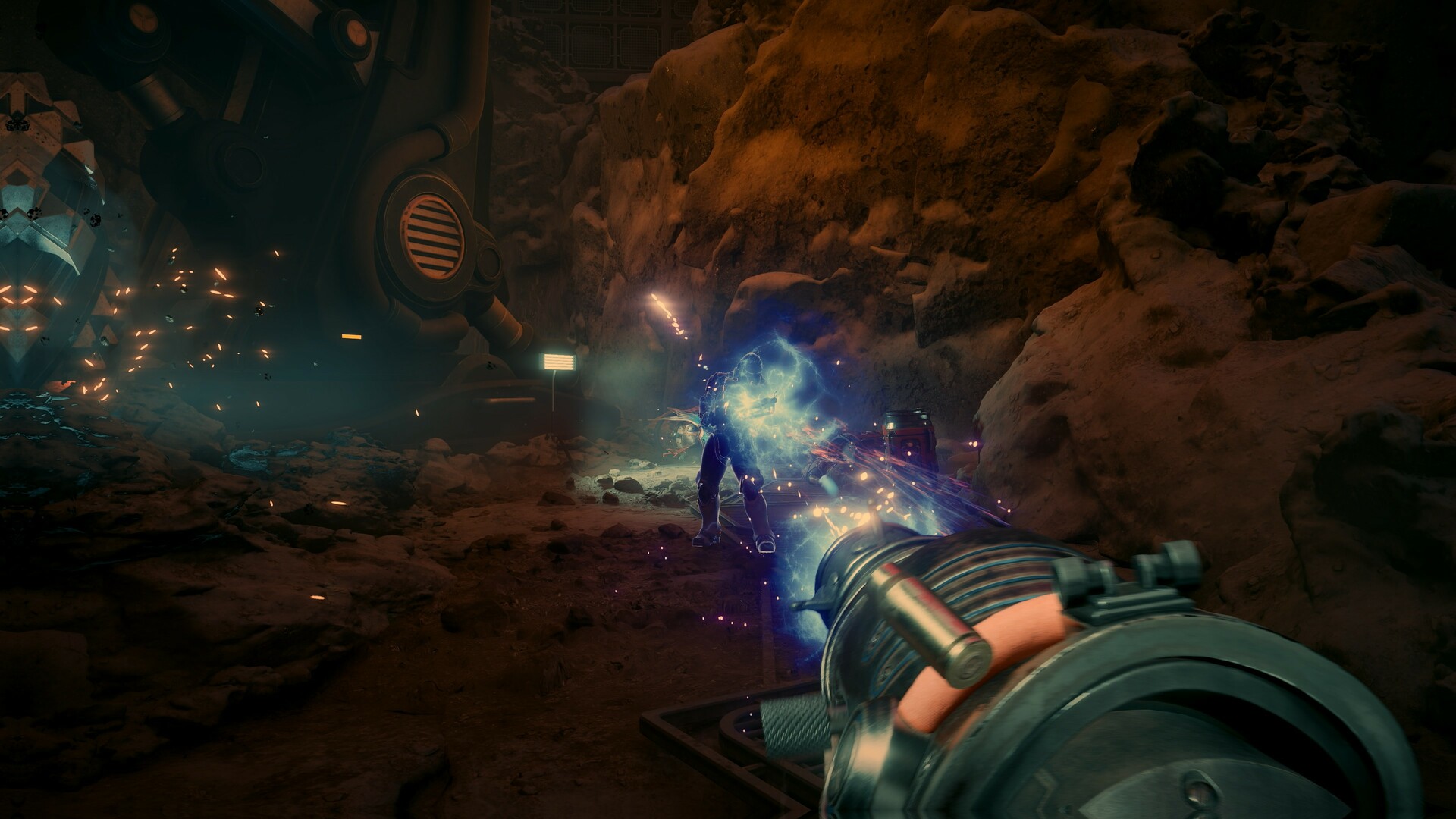 Un’arma energetica durante uno scontro in una grotta — The Outer Worlds 2.