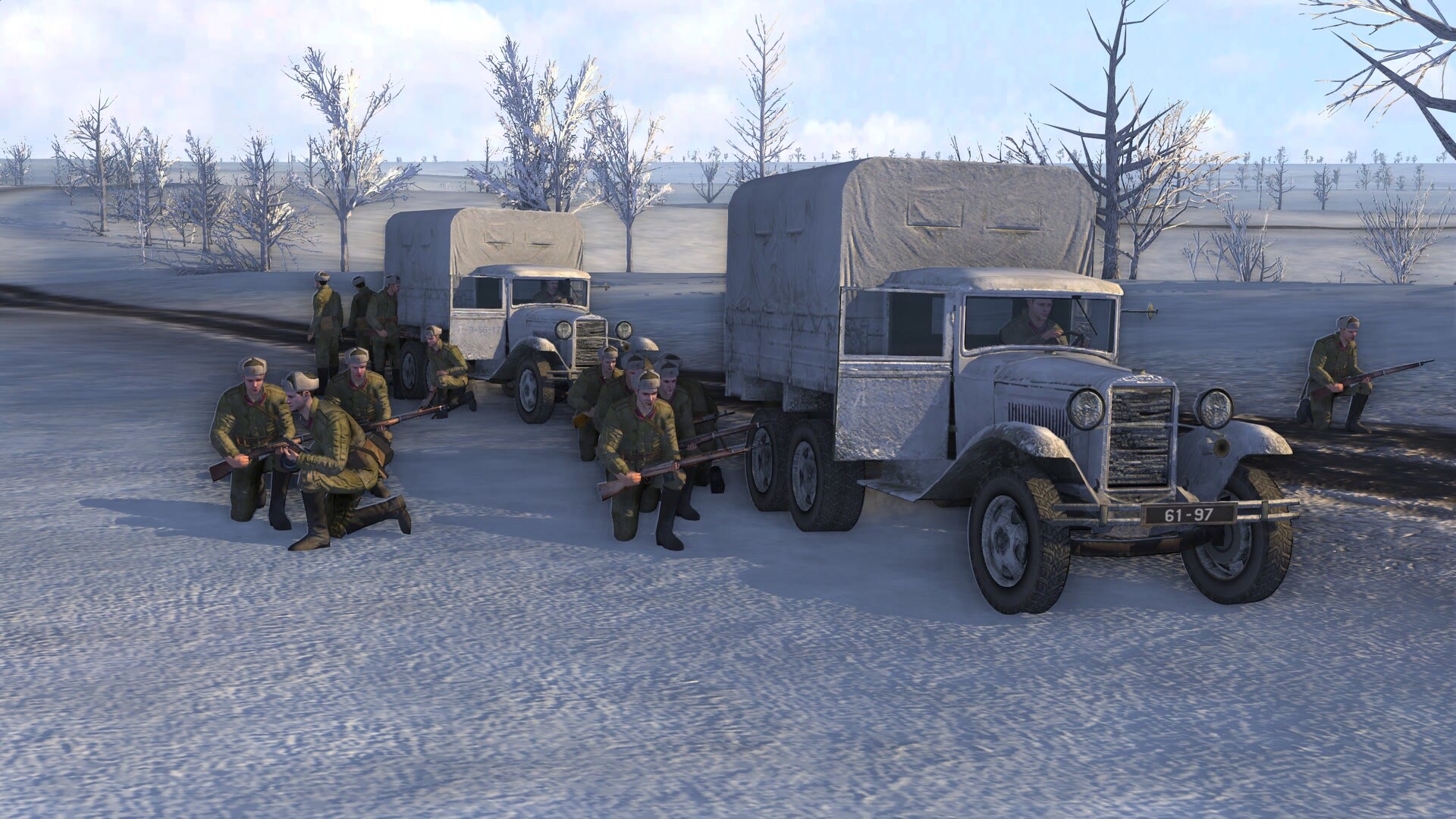 Fanteria e mezzi di trasporto in uno scenario innevato di Theatre of War: Rearmed. Immagine: Fulqrum Publishing.