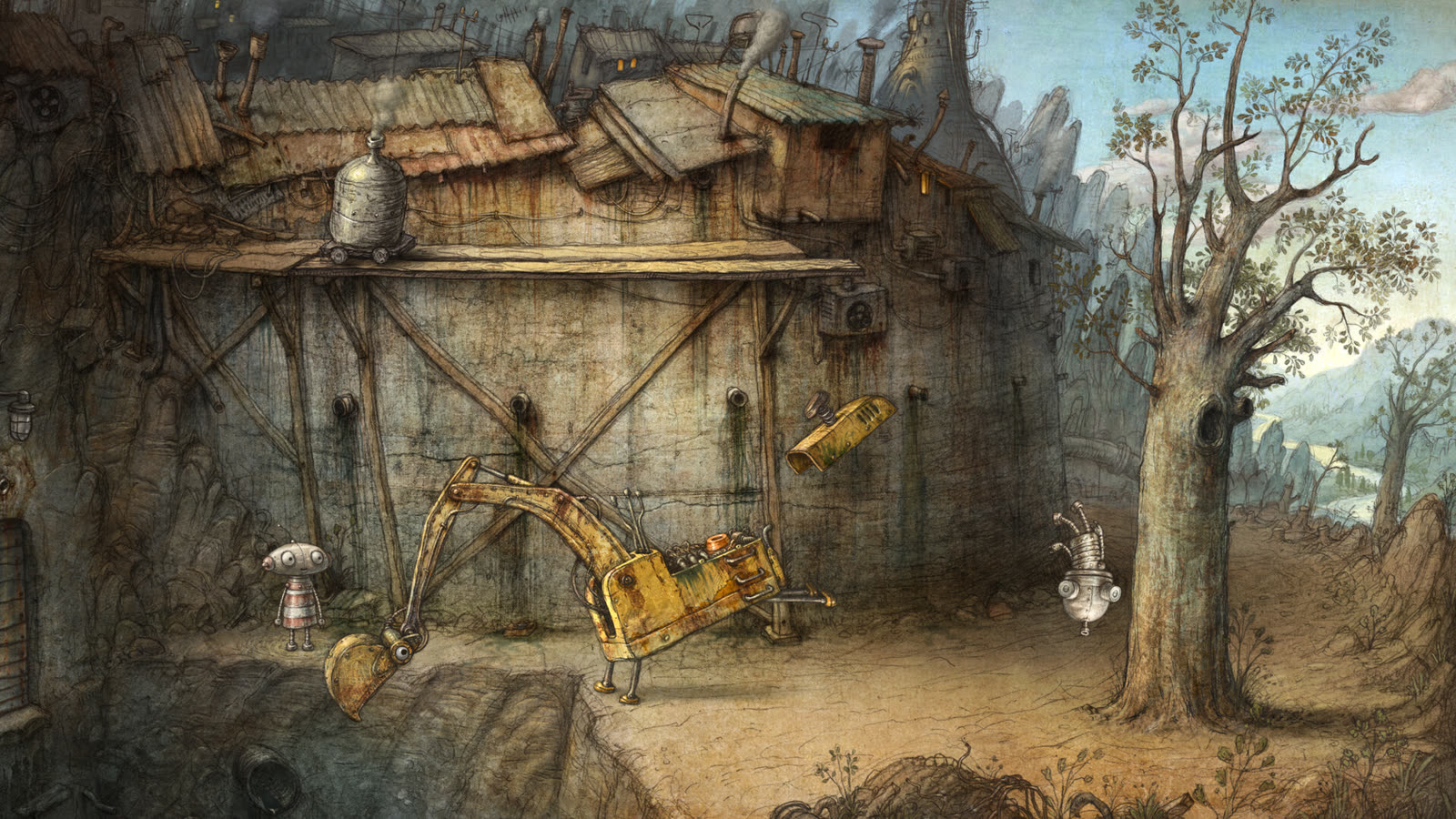 I protagonisti esplorano un paesaggio di Machinarium 2