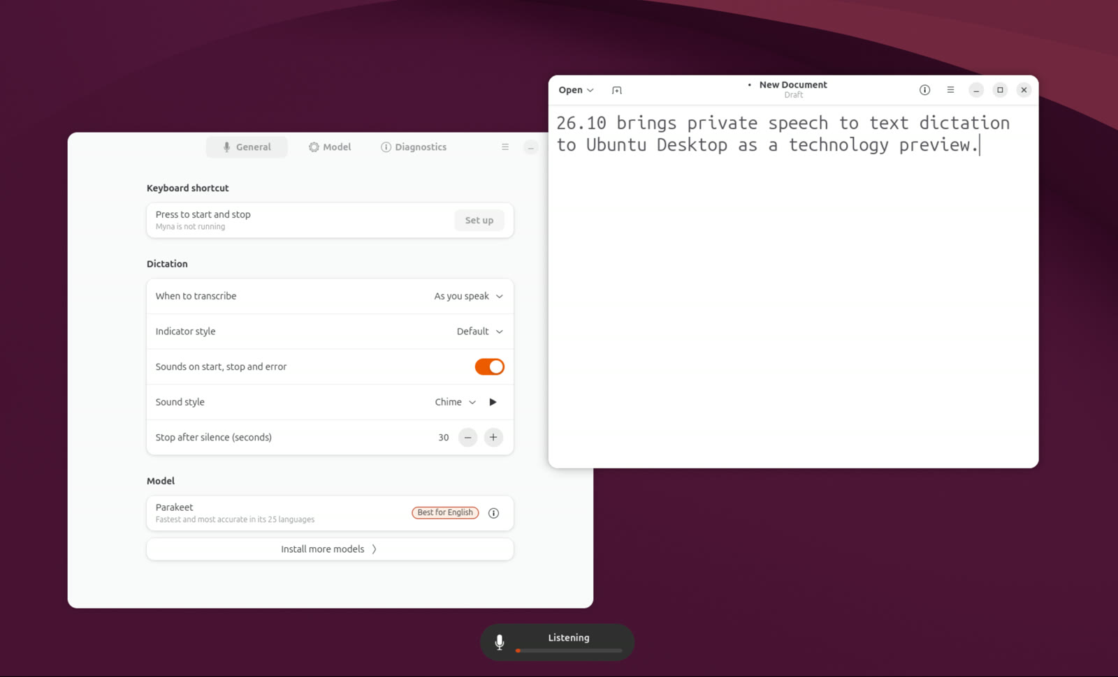 Interfaccia Myna per la dettatura locale in Ubuntu 26.10