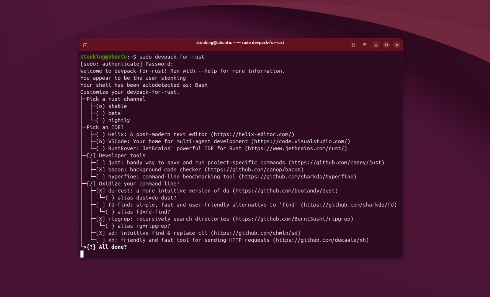 Devpack per Rust sul desktop Ubuntu 26.10