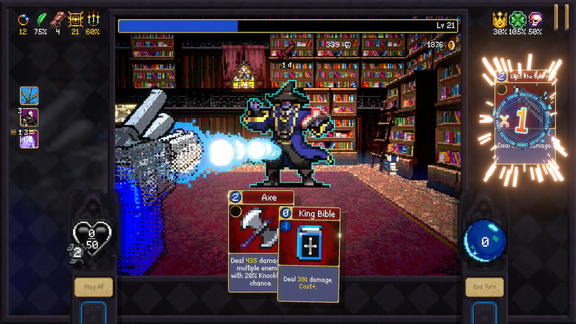 Combattimento fra scaffali e nemici nella biblioteca — Vampire Crawlers: The Turbo Wildcard from Vampire Survivors. Screenshot ufficiale della versione presentata nello store, non cattura della build mobile.