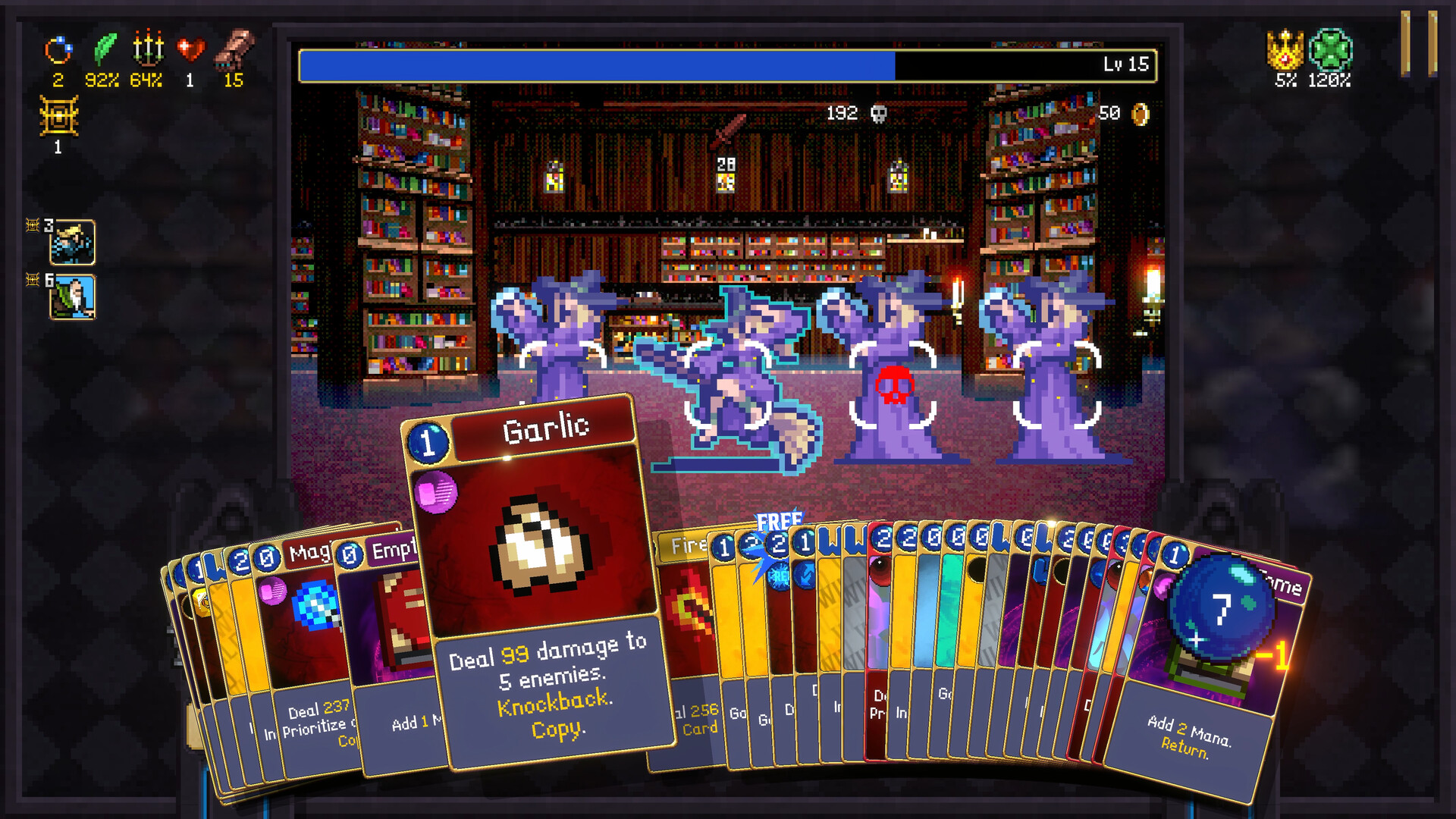 Carte e nemici durante uno scontro nella biblioteca — Vampire Crawlers: The Turbo Wildcard from Vampire Survivors. Screenshot ufficiale della versione presentata nello store, non cattura della build mobile.