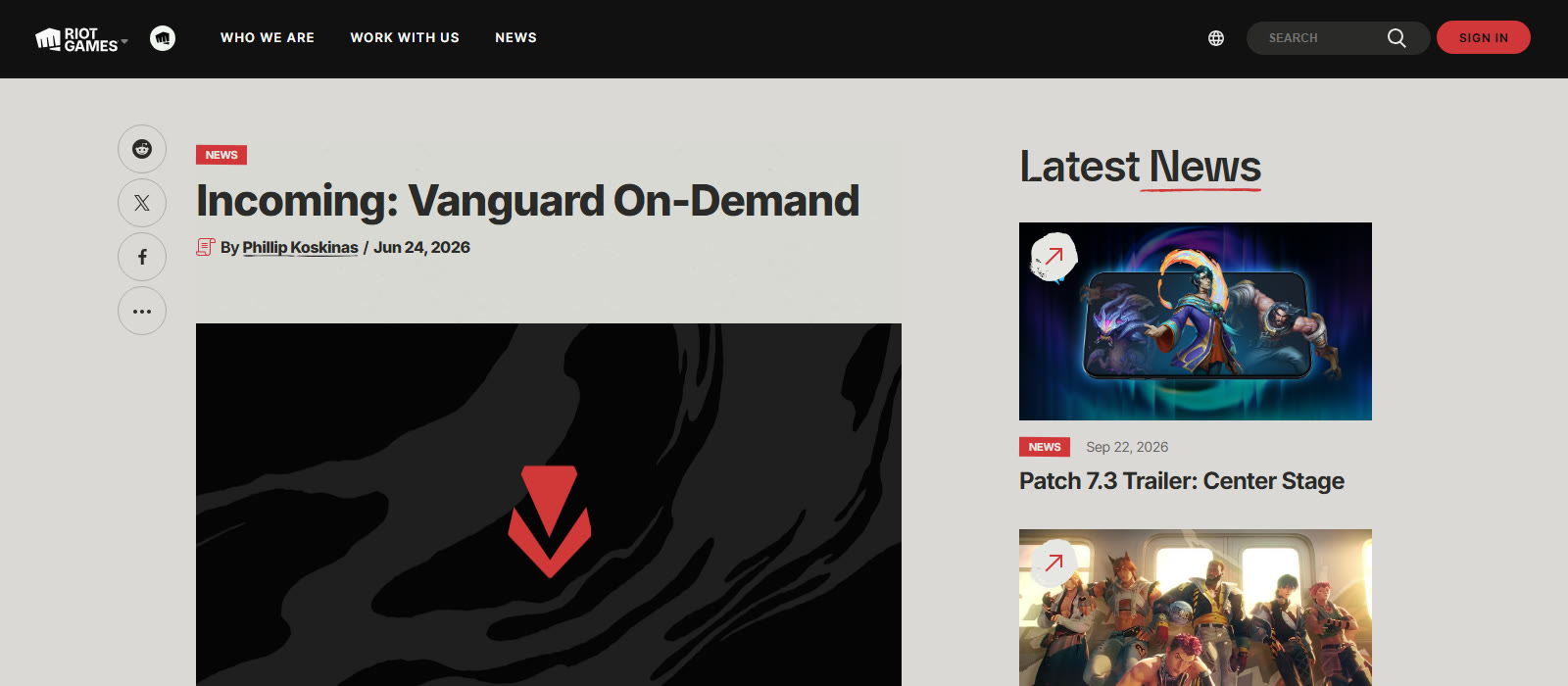 La pagina ufficiale di Riot Games dedicata a Vanguard On-Demand