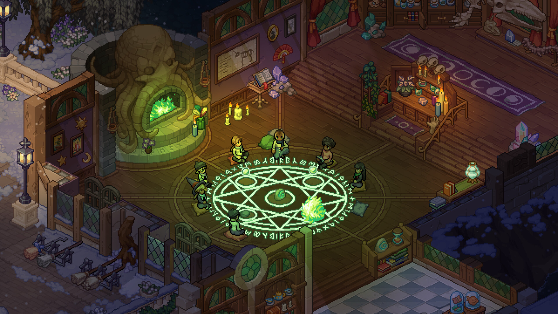 Un laboratorio magico con un cerchio luminoso al centro — Witchbrook.