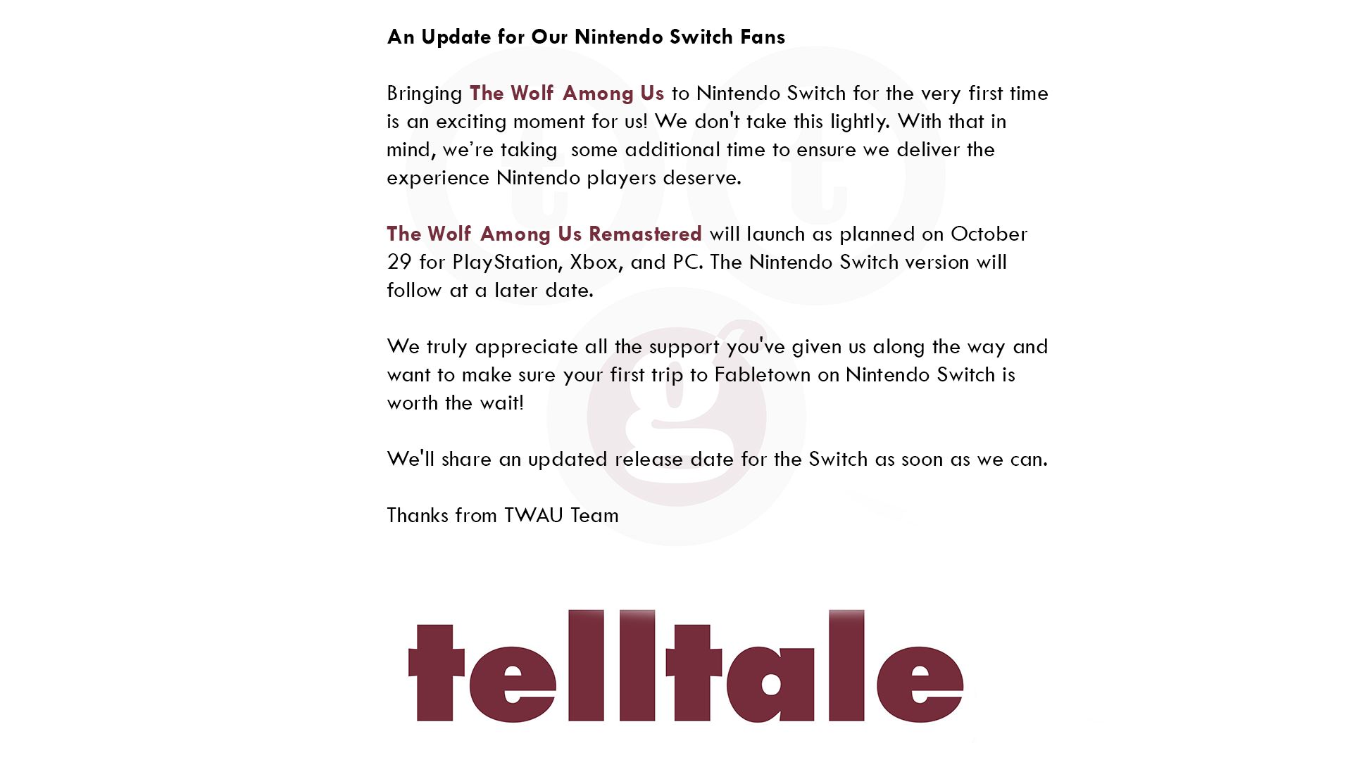 Il comunicato ufficiale di Telltale sul rinvio della versione Nintendo Switch.