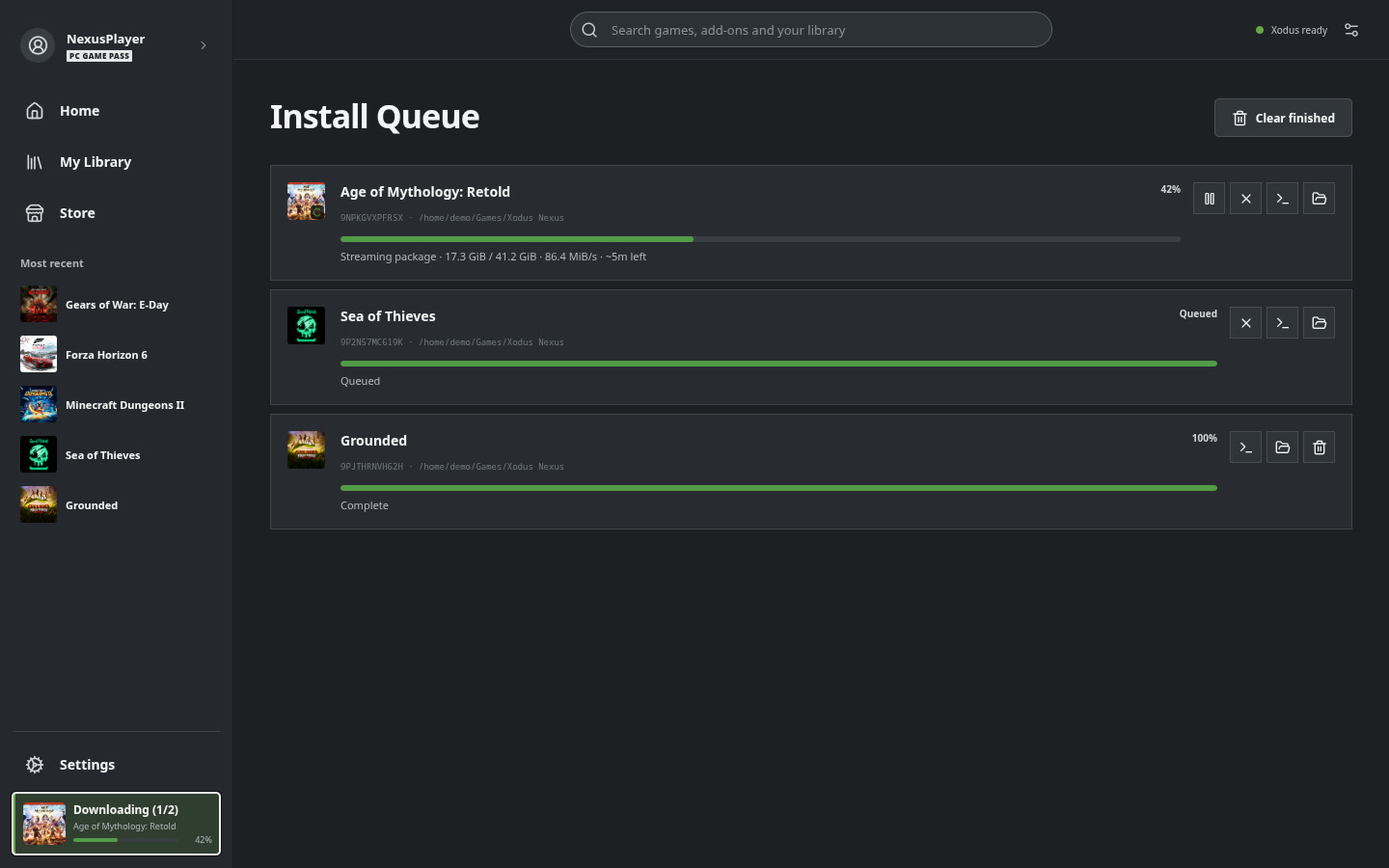 La coda dei download di Xodus Nexus. Schermata dimostrativa dal repository del progetto.