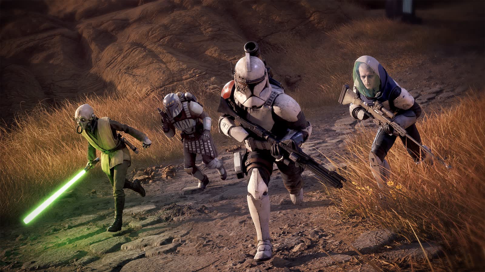 Quattro operatori di Star Wars Zero Company avanzano insieme